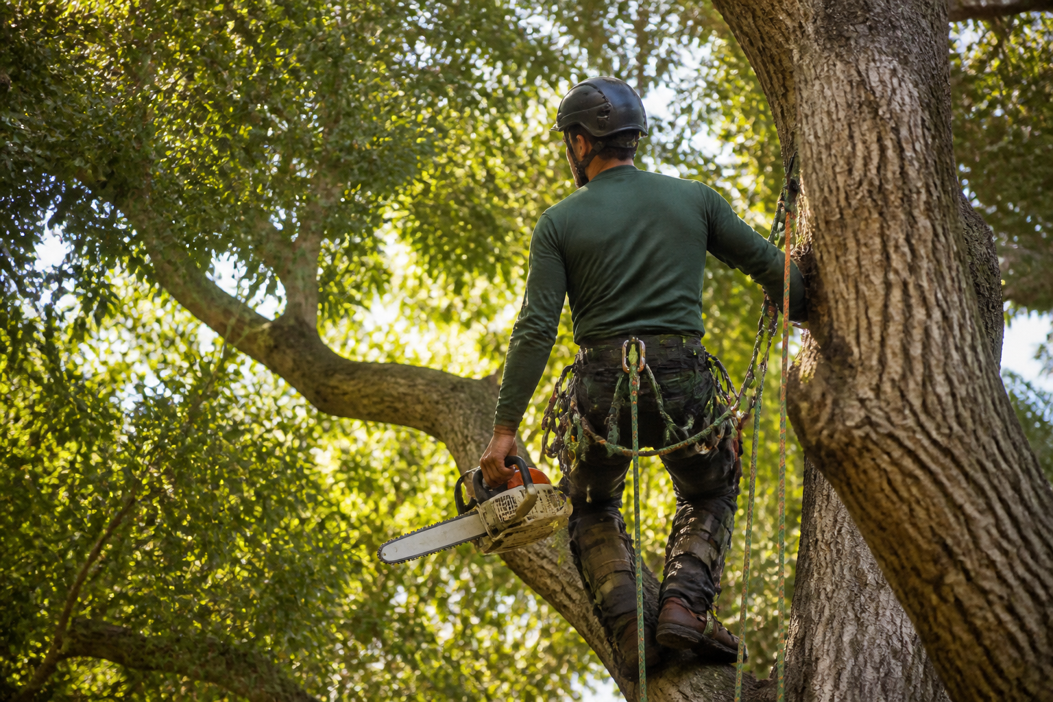 Professional arborist secured in a mature tree in Modesto, California