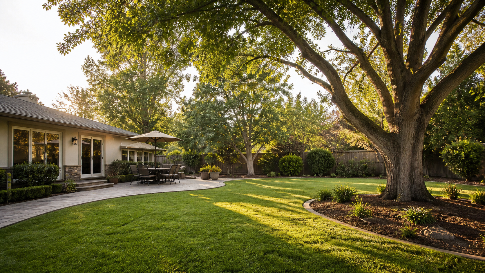 Healthy professionally maintained trees and a clean residential yard in Modesto
